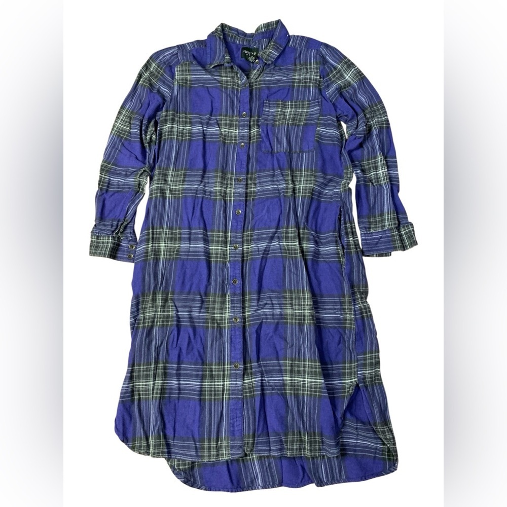 Forever 21 Purple Plaid Flannel Shirt Dress with Pockets - Size Large